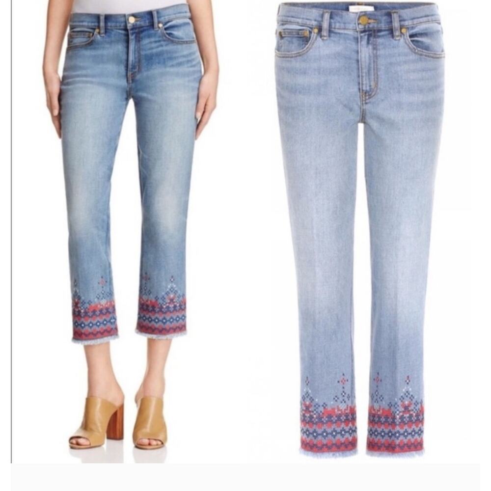 Tory Burch Womens Myers Mid-Rise Straight Cropped Embroidered Boho Jeans Size 29